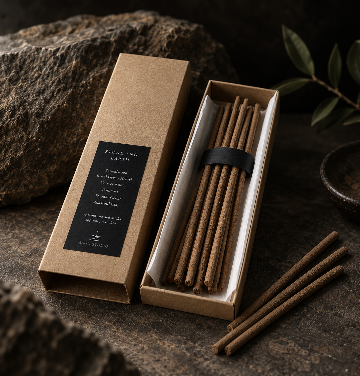 Stone and Earth hand pressed incense sticks in kraft packaging